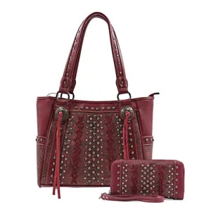 ABZ-G017 American Bling Floral Embossed Tote and Wallet Set-Red