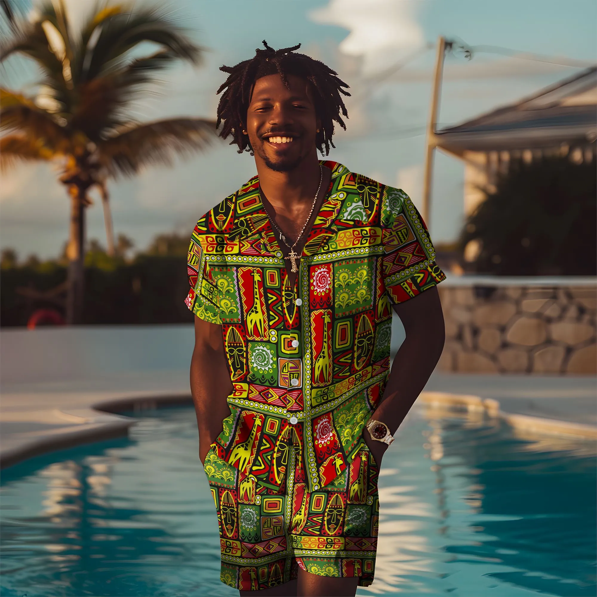 African Tribal Hawaiian Shirt And Shorts Set