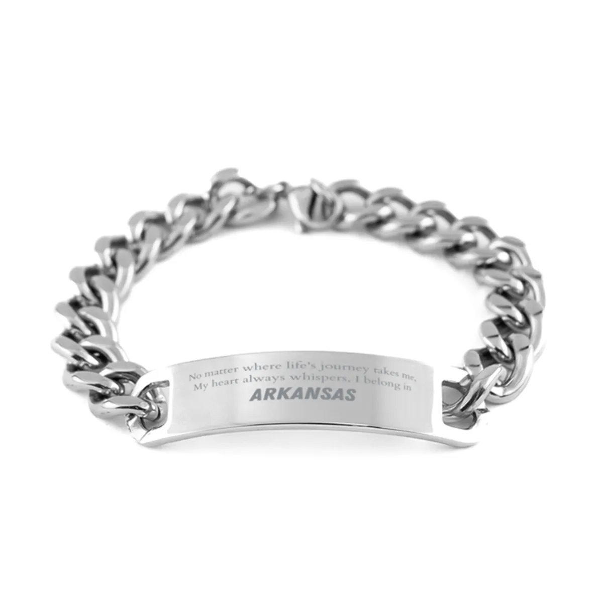 Arkansas State Gifts, No matter where life's journey takes me, my heart always whispers, I belong in Arkansas, Proud Arkansas Cuban Chain Stainless Steel Bracelet Birthday Christmas For Men, Women, Friends