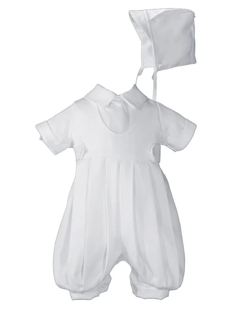 Baby Boys White Gabardine Short Sleeves Satin Tie Hat Christening Outfit NB-24M