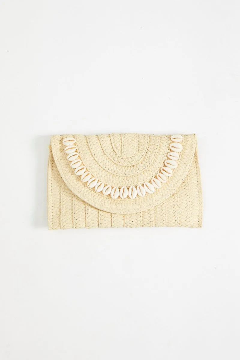 Beige Woven Raffia Shell Bag