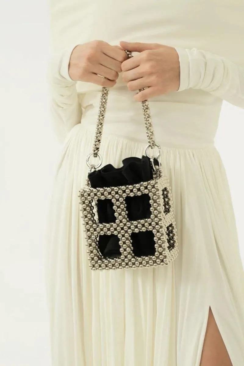 BLACK & SILVER TEKLA BEADED BUCKET BAG