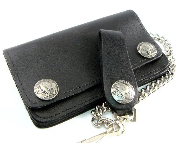 Black Leather Biker Chain Wallet with Buffalo Snaps