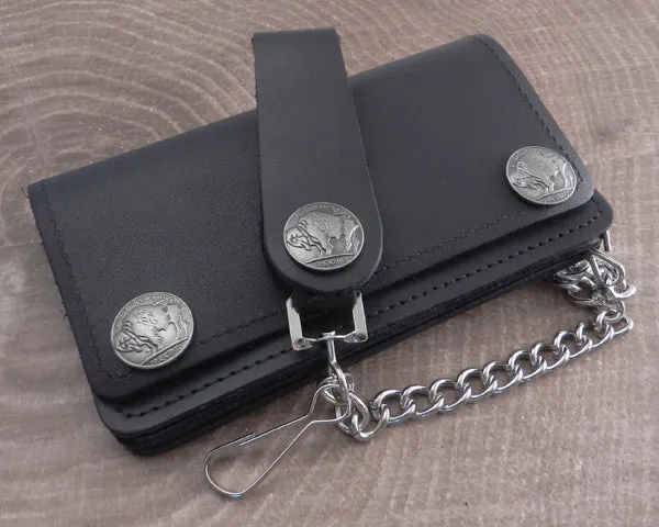 Black Leather Biker Chain Wallet with Buffalo Snaps