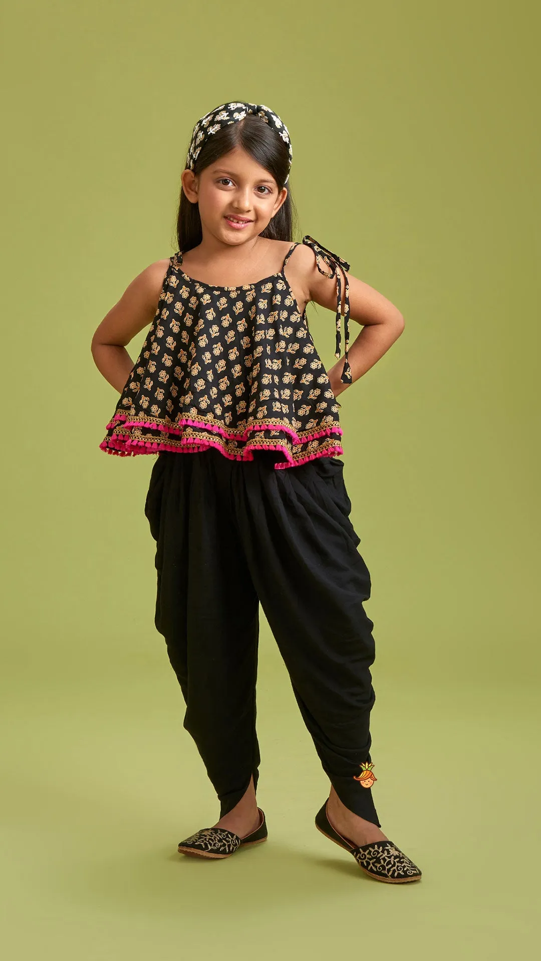 Black Stylish Printed Lace Work Top And Dhoti With Matching Sling Bag