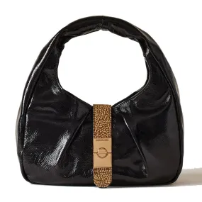 Borsa Donna Hobo Small BORBONESE linea Cortina in Vernice Nera con Inserti in Camoscio OP