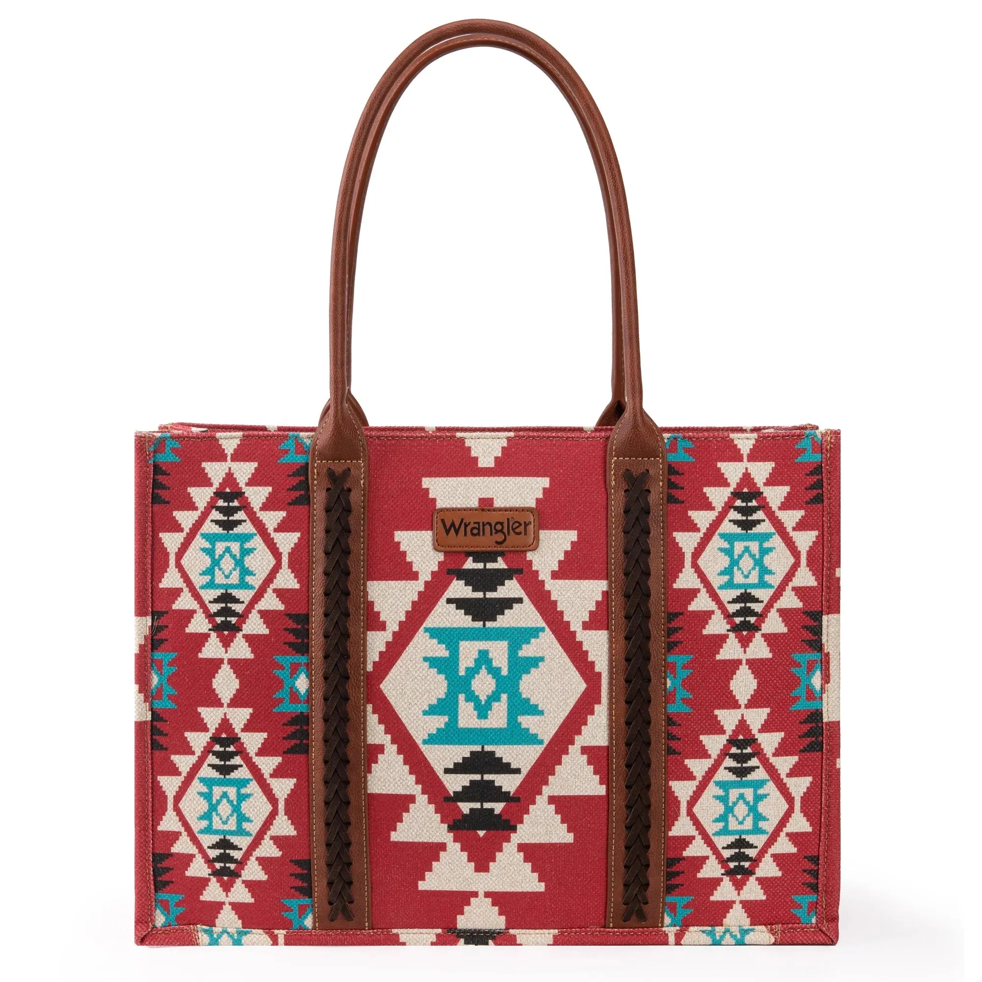 BURGANDY AZTEC CANVAS/LEATHER WRANGLER TOTE