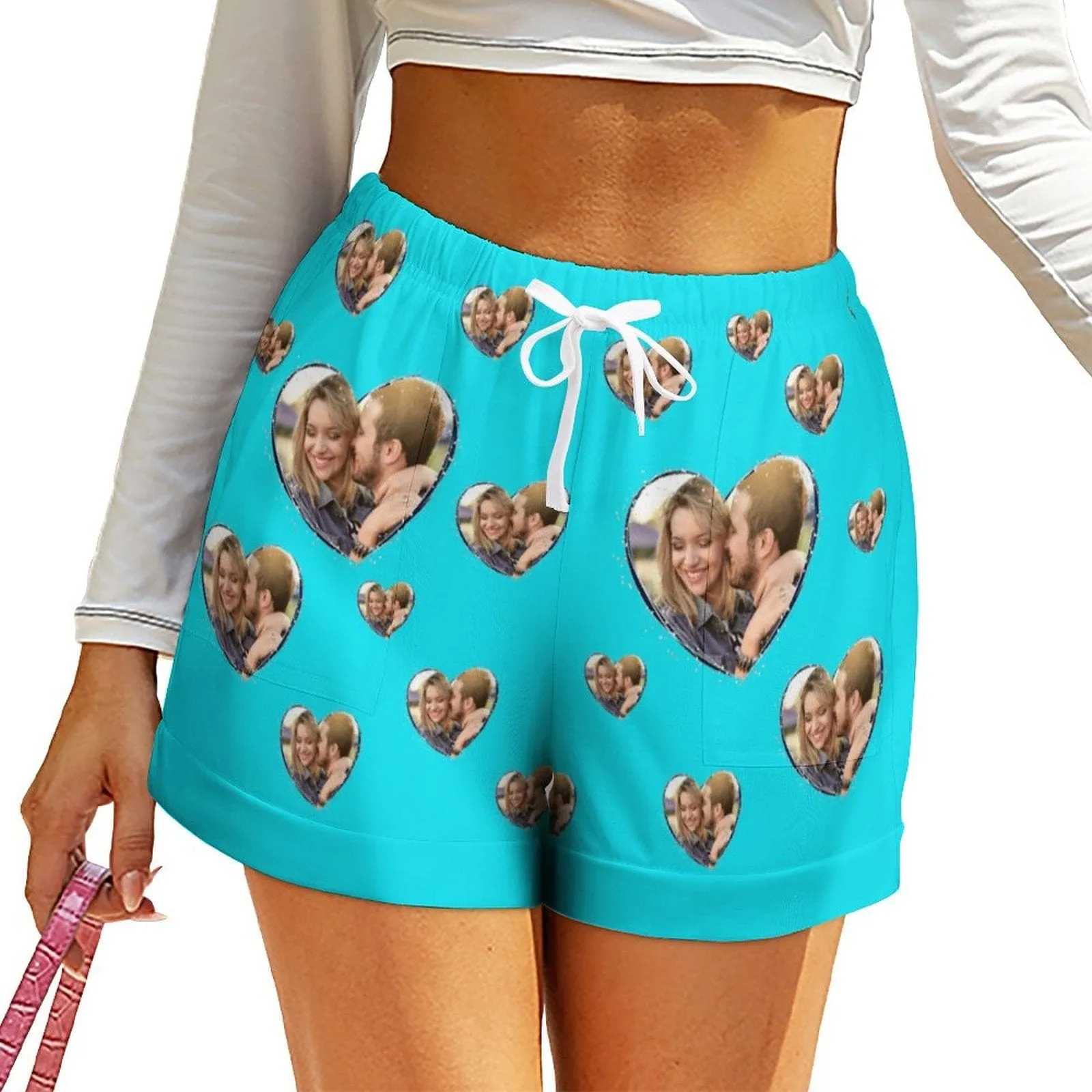 Custom Photo Blue Love Couple Matching Beach Shorts Men's Quick-drying Beach Shorts & Women's High Waist Shorts