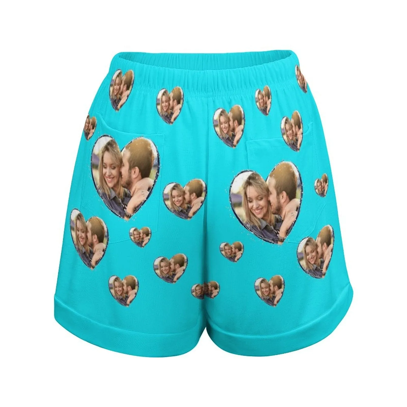 Custom Photo Blue Love Couple Matching Beach Shorts Men's Quick-drying Beach Shorts & Women's High Waist Shorts