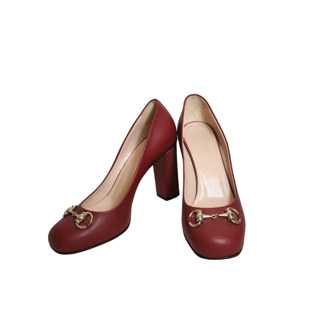 Gucci Burgundy Leather Horsebit Square-toe Pumps | Pre Loved |