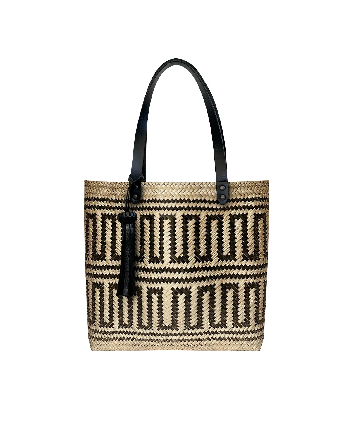 Keta black leather tote bag / black rectangle hand woven palm