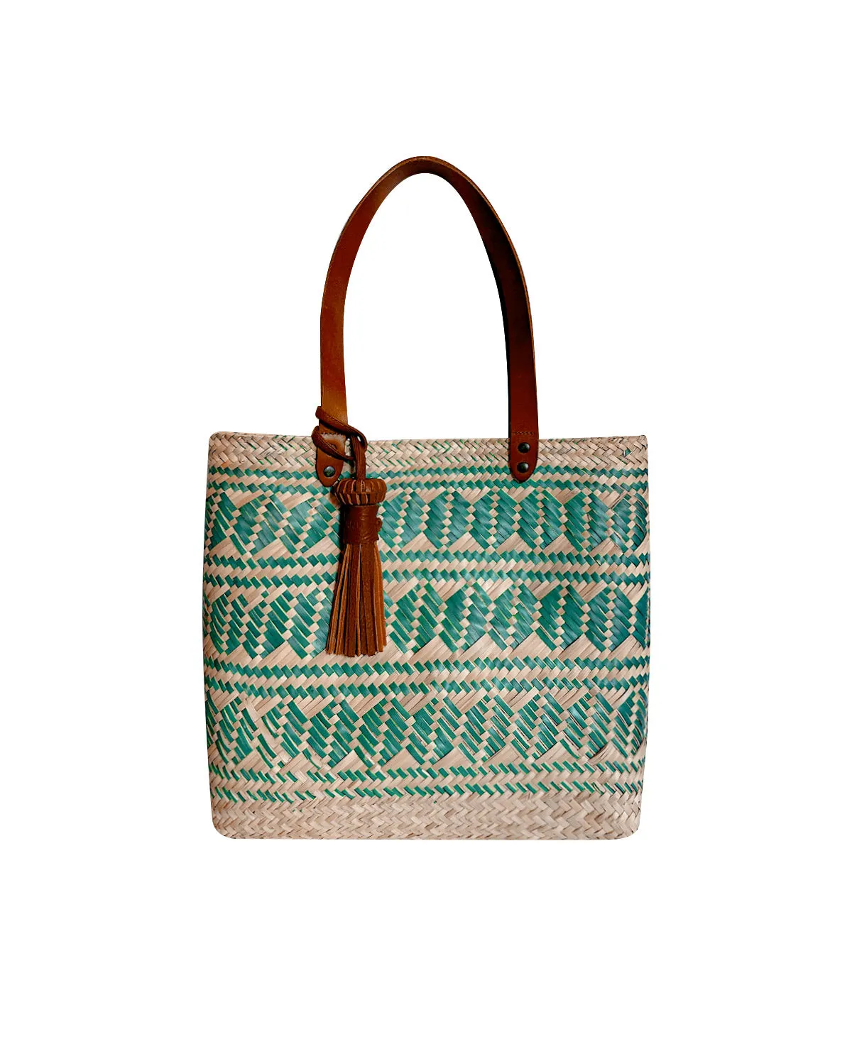 Keta tan leather tote bag / green figures hand woven palm