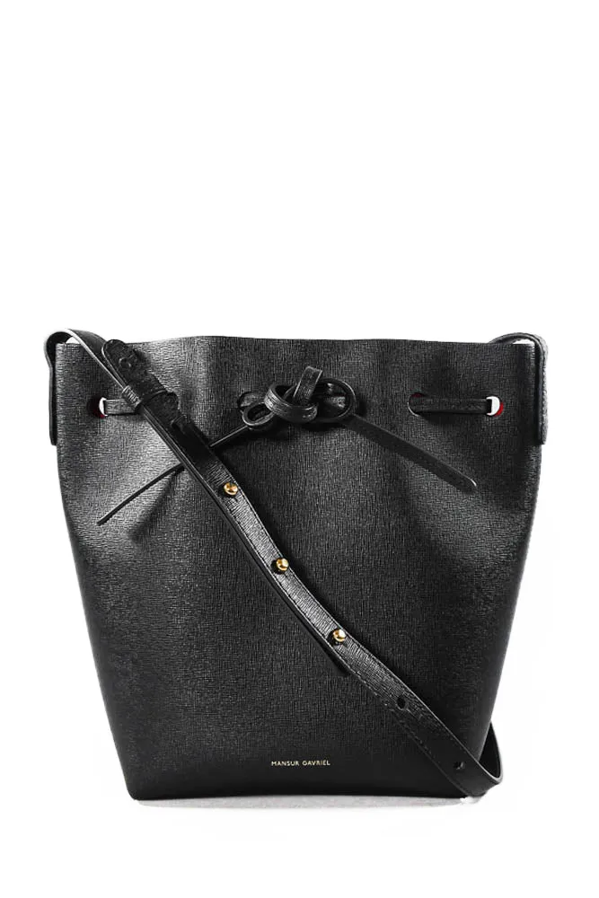 Mansur Gavriel Black Textured Leather Drawstring Bucket Bag w/ Shoulder Strap