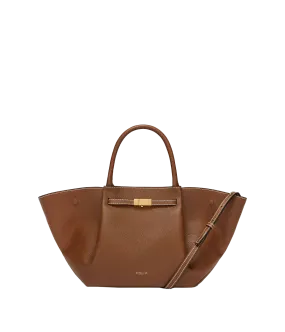 Midi New York Bag in Tan Grain & Ecru Stitching