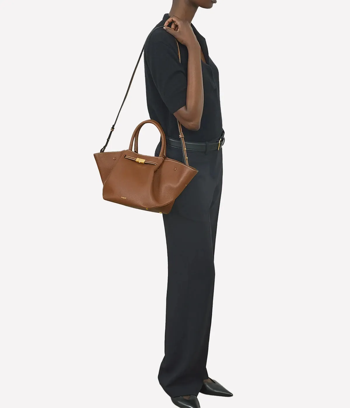 Midi New York Bag in Tan Grain & Ecru Stitching