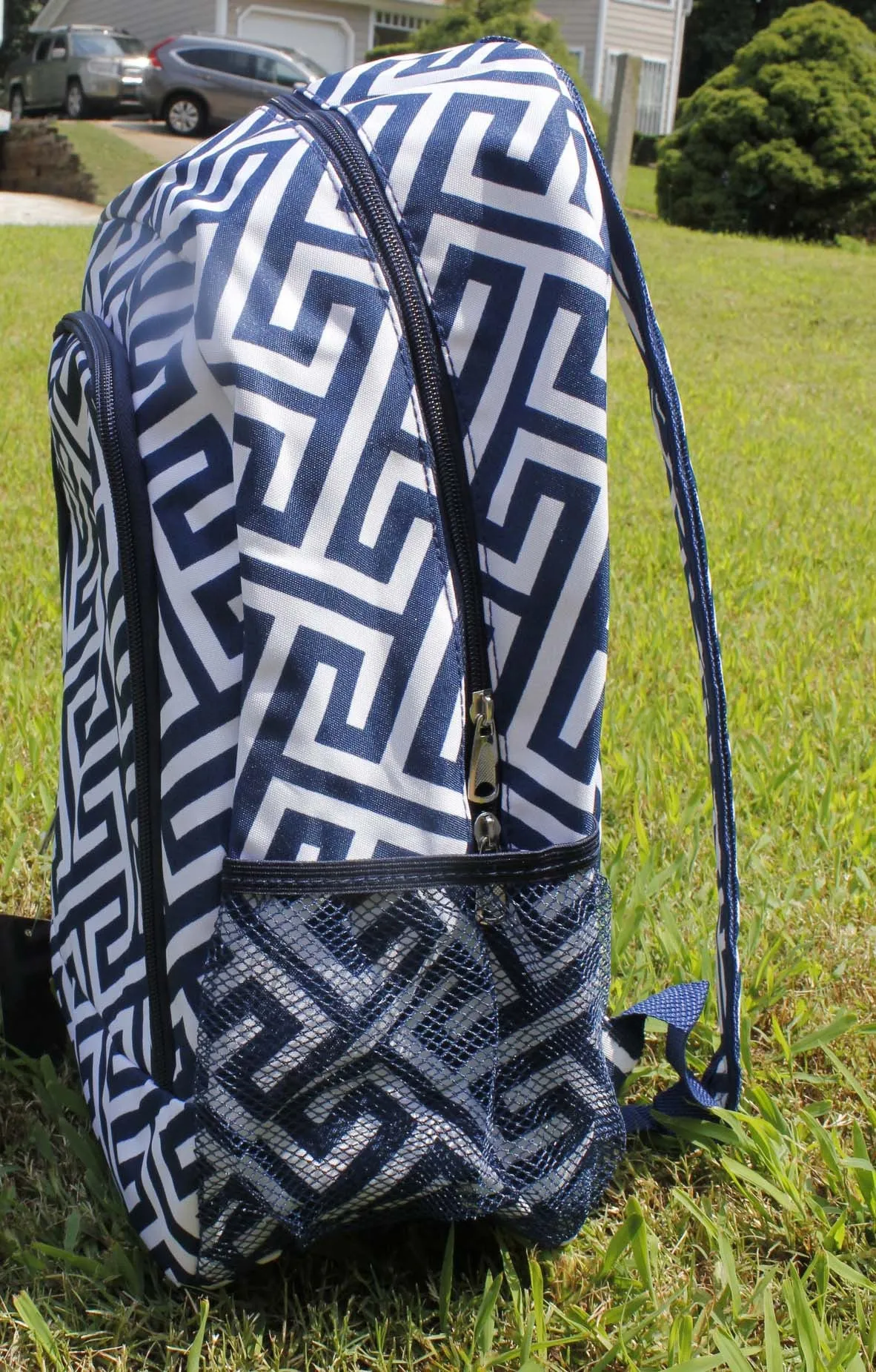 Monogrammed Navy Greek keys backpack