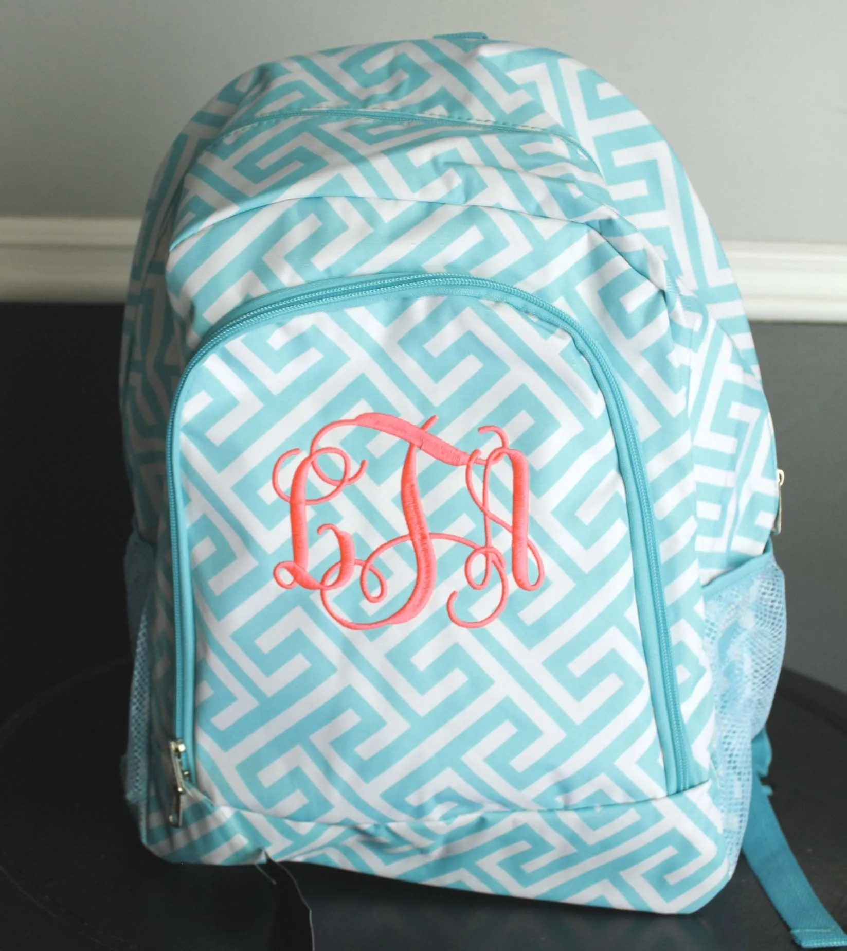 Monogrammed Navy Greek keys backpack