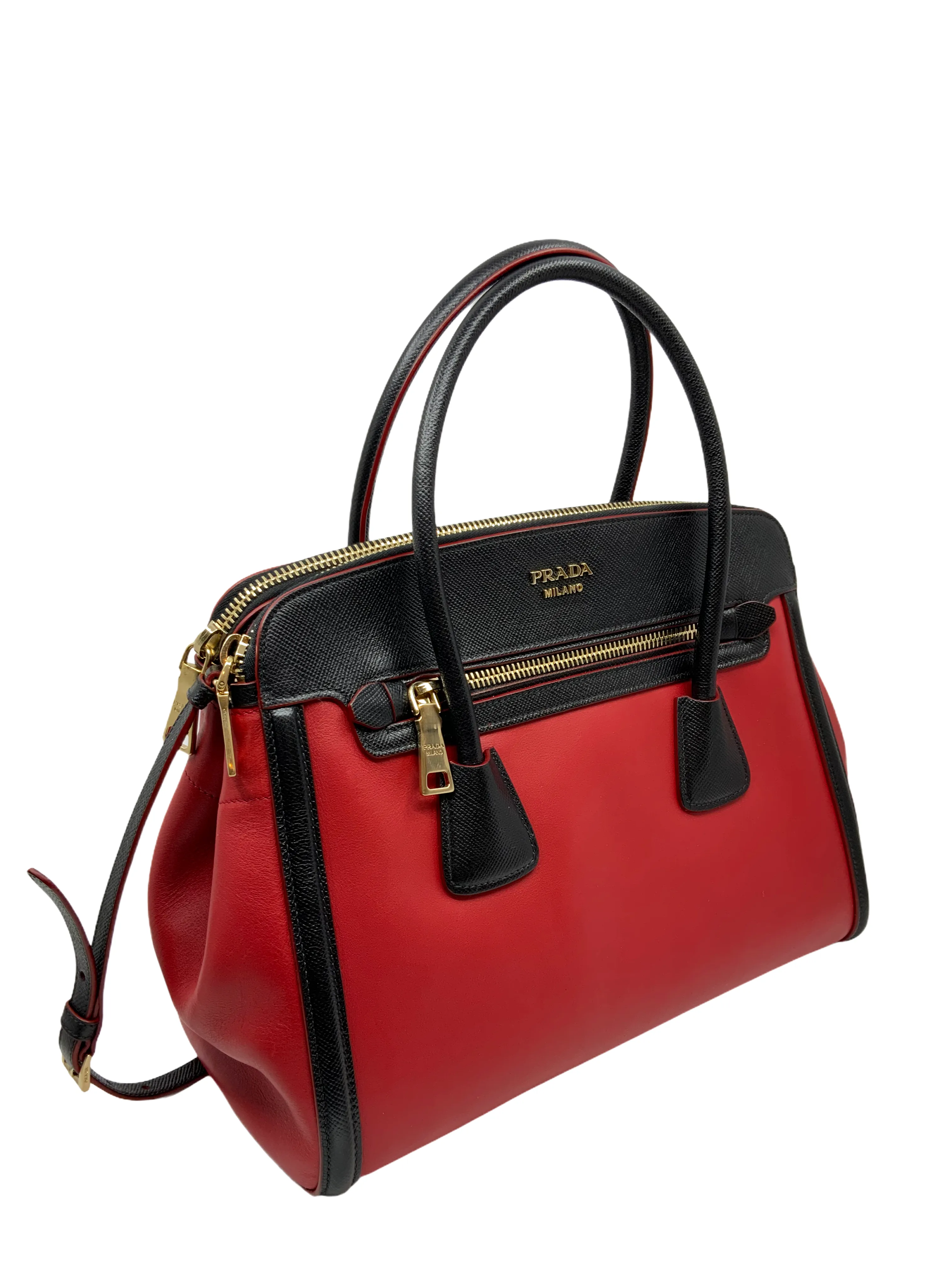 Prada Bi-Color Leather Front Zip Tote with Shoulder Strap