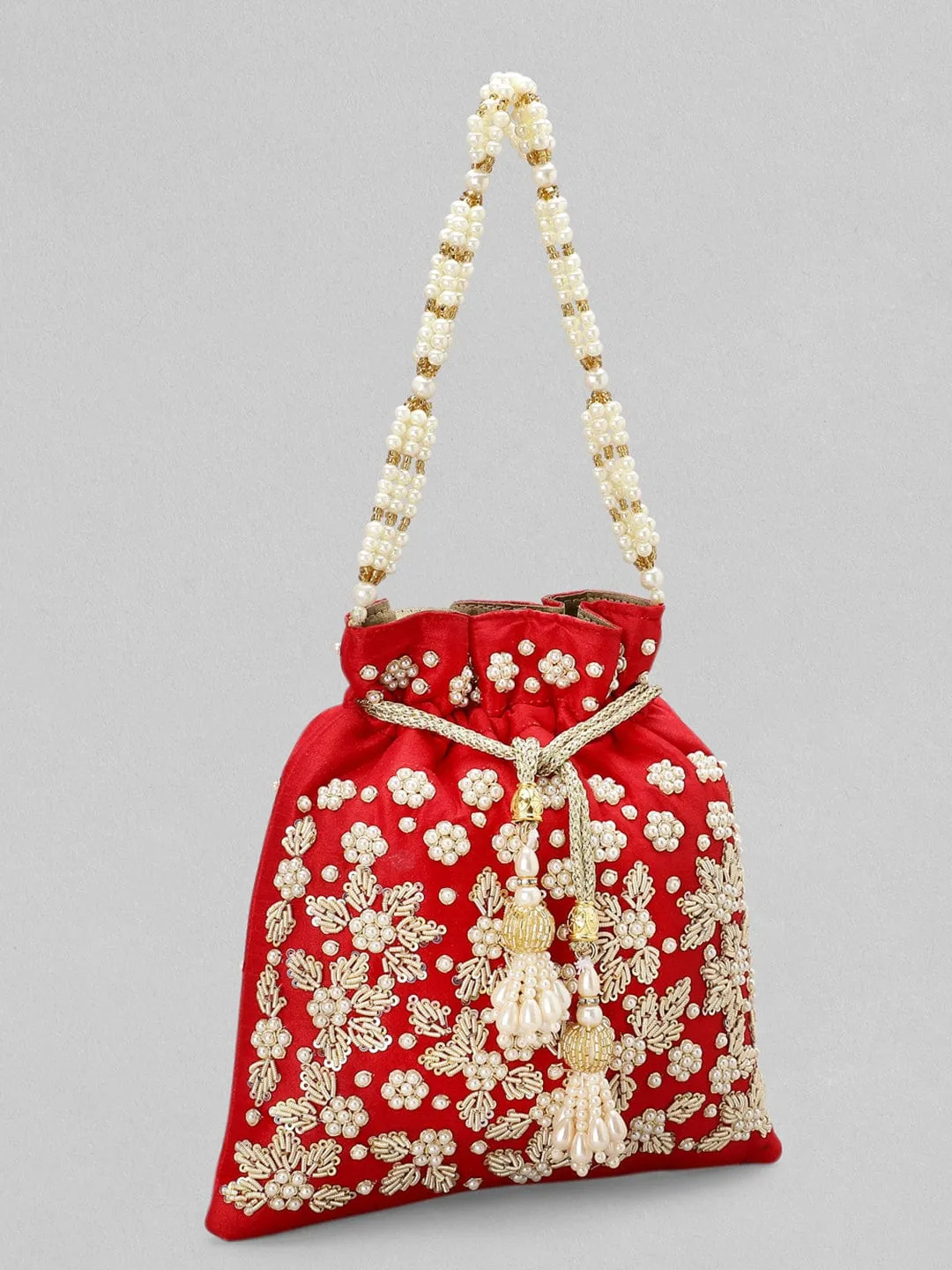 Rubans Red Zariwork Pearl Potli Bag