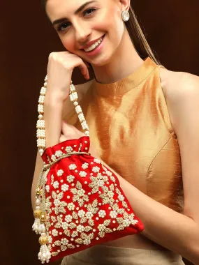 Rubans Red Zariwork Pearl Potli Bag