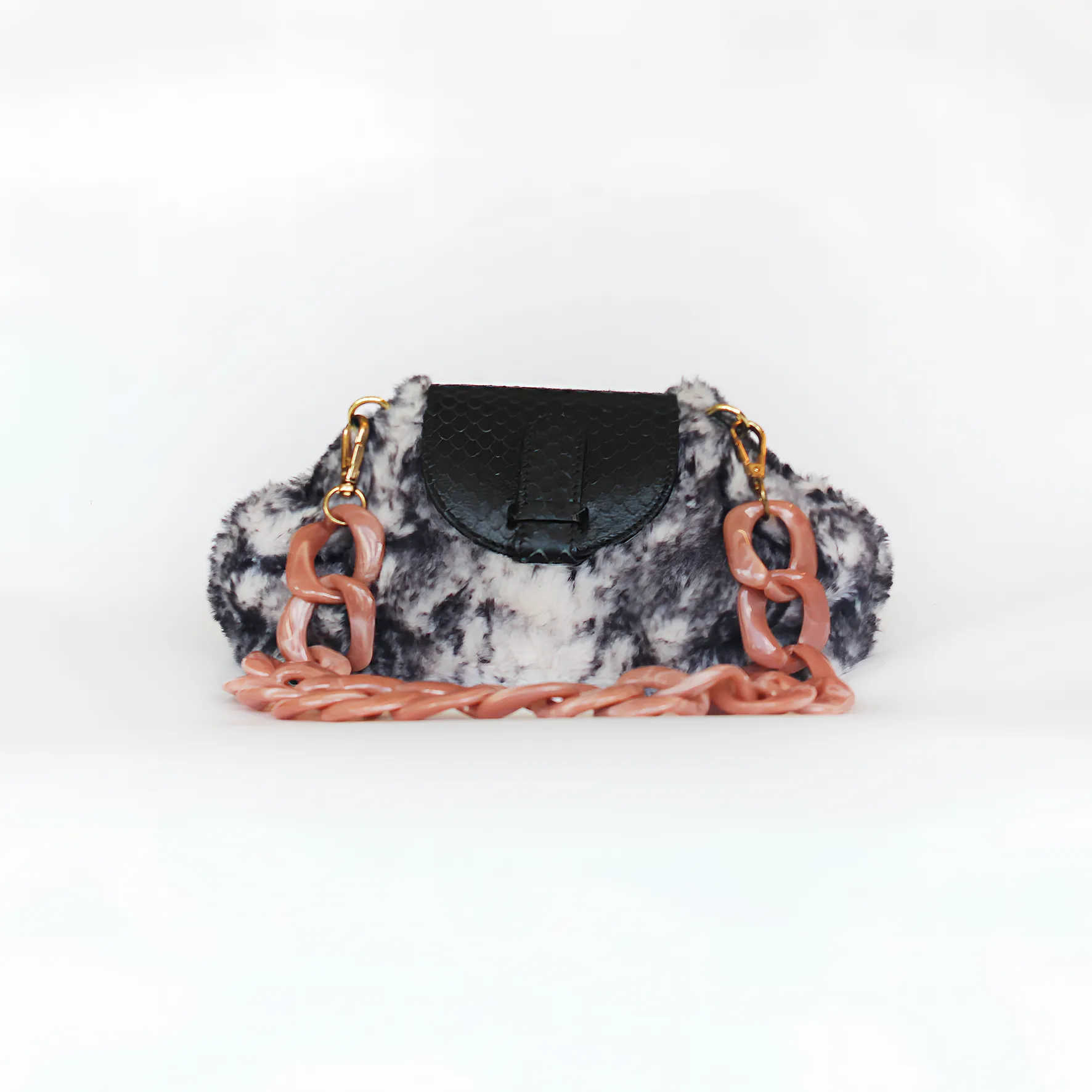 Serena in Faux Fur/Black Leather with Pale Pink Chain