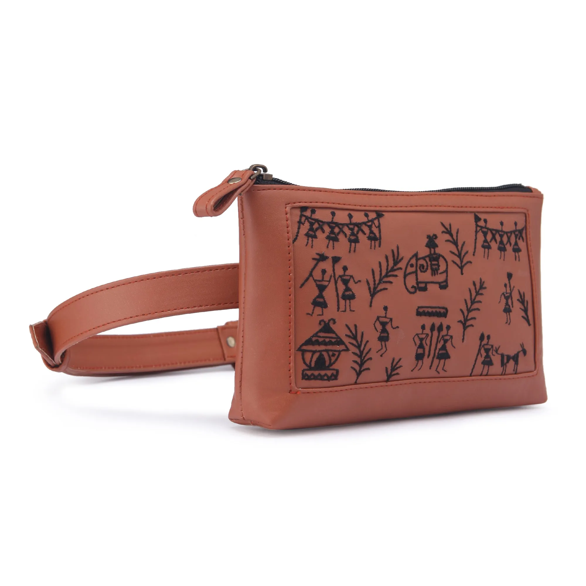 Warli art Hand Embroidered waist belt bag for women